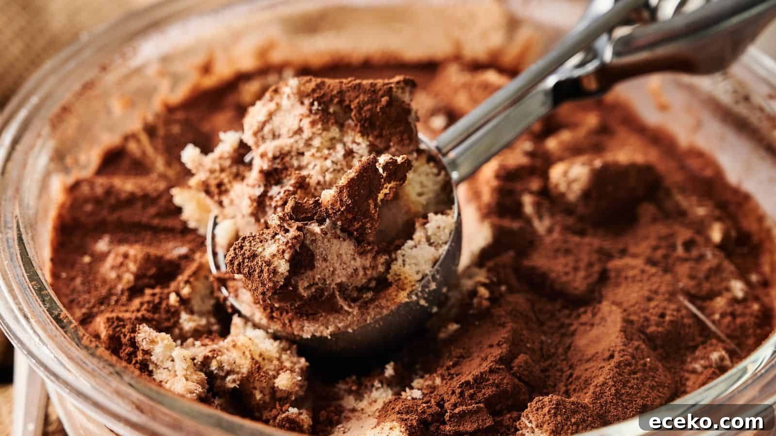 A close-up of a glass dish with tiramisu being scooped out, showing layers of cream, cake, and cocoa powder.