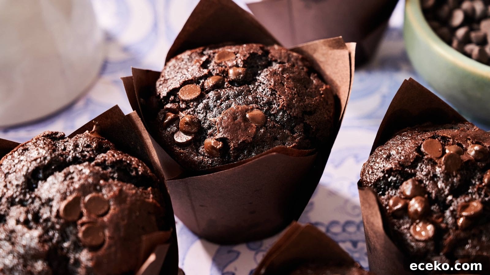 Close-up of three chocolate muffins in brown paper wrappers, topped with chocolate chips, with part of a bowl of chocolate chips visible in the background.