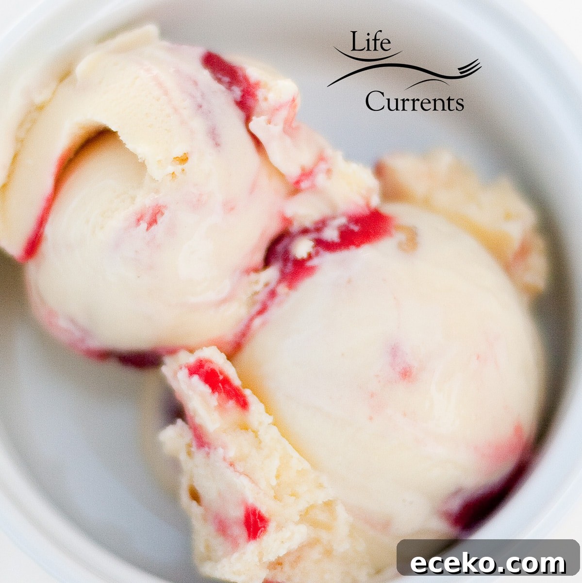 looking down into a bowl with two scoops of vanilla ice cream with raspberry swirl.
