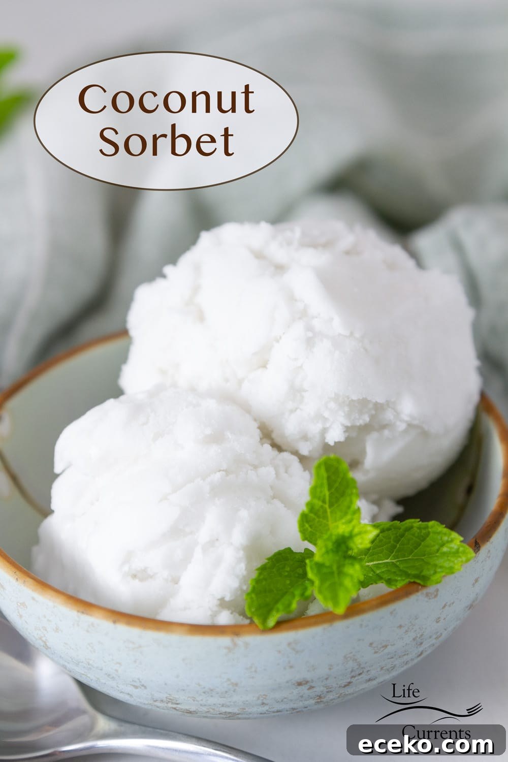 two scoops of coconut sorbet in a blue dish with a green cloth behind it and a sprig of mint in the dish.