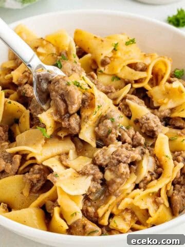 Ground beef egg noodles topped with parsley served in a bowl with a fork lifting cooked noodles and saucy beef.