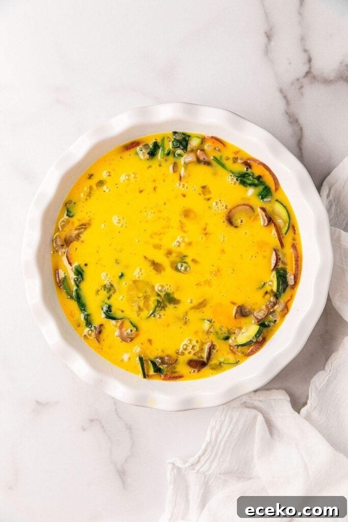 Gluten-Free Feta and Spinach Quiche Recipe 8 whisked eggs and veggies in pie dish to make crustless quiche