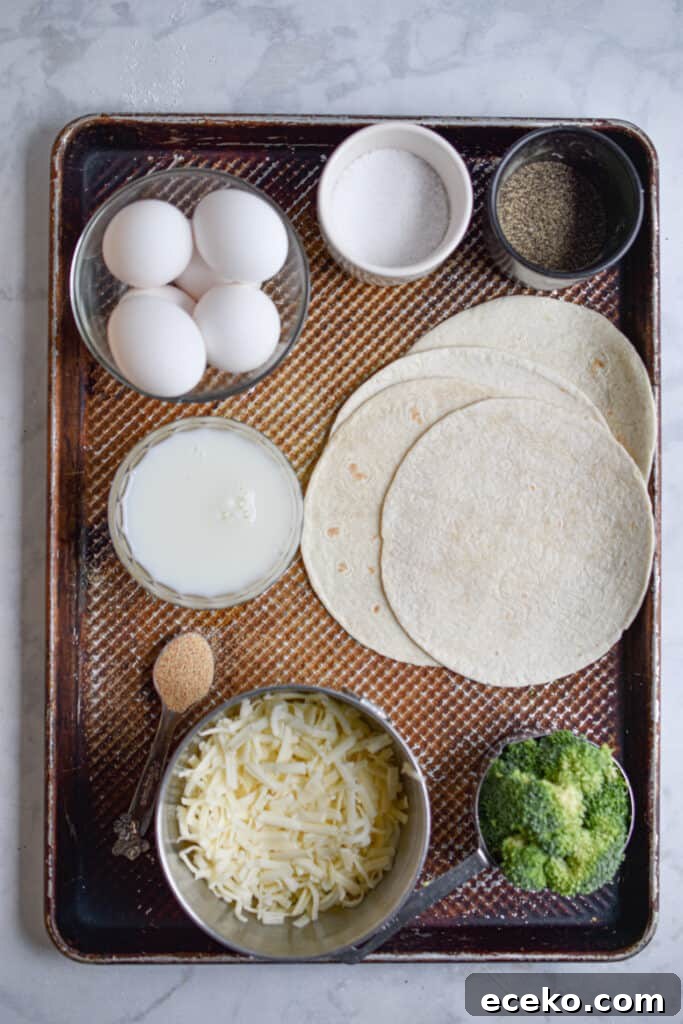 Ingredients for broccoli cheddar quiche with tortilla crust