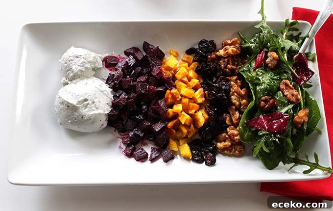 Honey-Roasted Beet Salad with Whipped Goat Cheese Delight 2 Deconstructed Honey Roasted Beet Salad with Whipped Goat Cheese. Elegent. Healthy. Simple. #vegetarian
