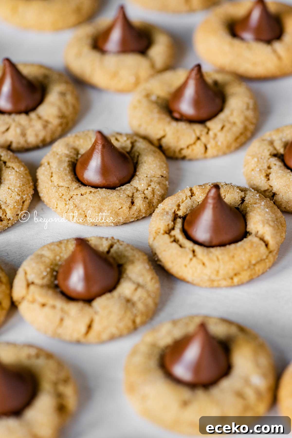 Classic Peanut Butter Blossoms Cookie Recipe 3 Angled image of peanut butter blossoms on parchment paper lined baking sheet | All Images © Beyond the Butter™
