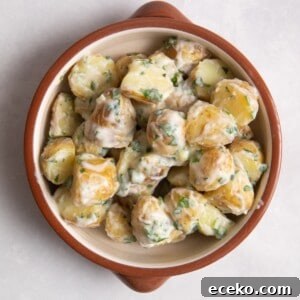 Creamy Yogurt Potato Salad with Fresh Herbs 10 overhead shot of potato salad in brown/orange bowl on white surface.