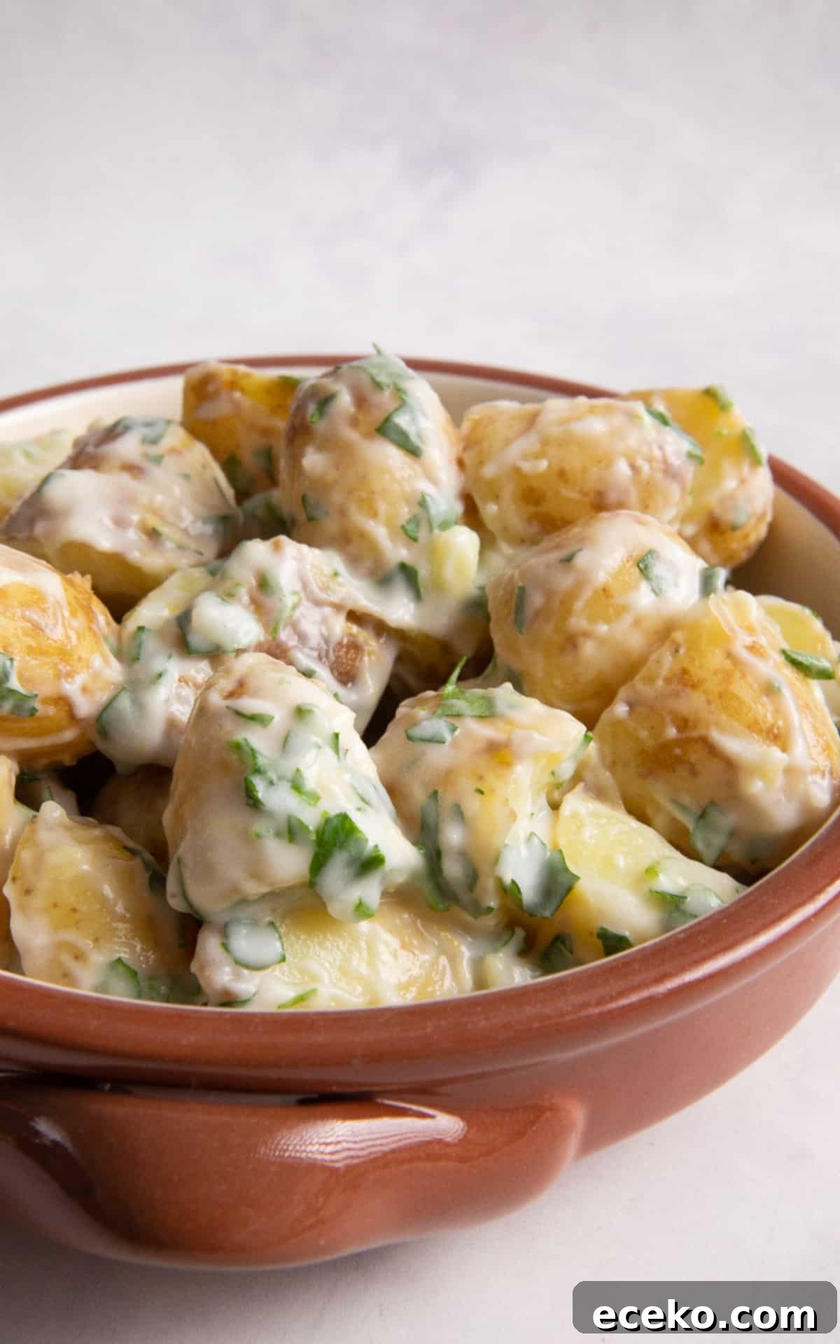 Creamy Yogurt Potato Salad with Fresh Herbs 9 Potato salad in orange bowl on white surface.