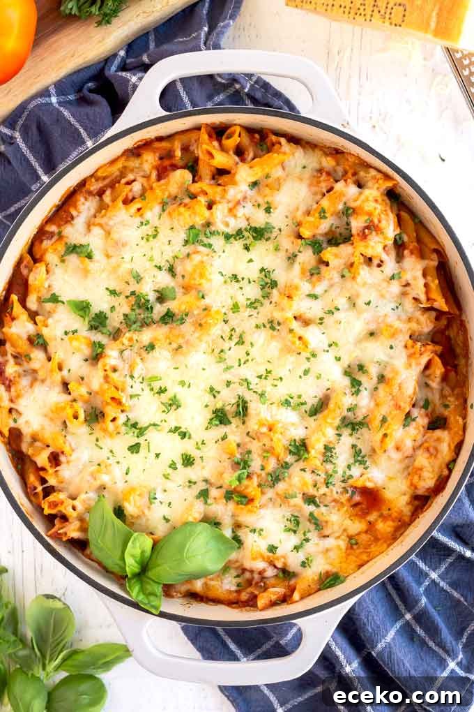 Chicken Parmesan Pasta with Crispy Chicken and Marinara 2 Cheesy Pasta Parmesan Bake in a skillet