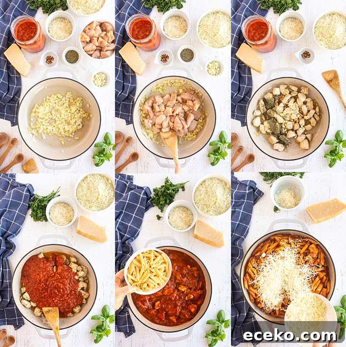Chicken Parmesan Pasta with Crispy Chicken and Marinara 6 Step by step photos on how to make one-pot Chicken Parmesan Pasta