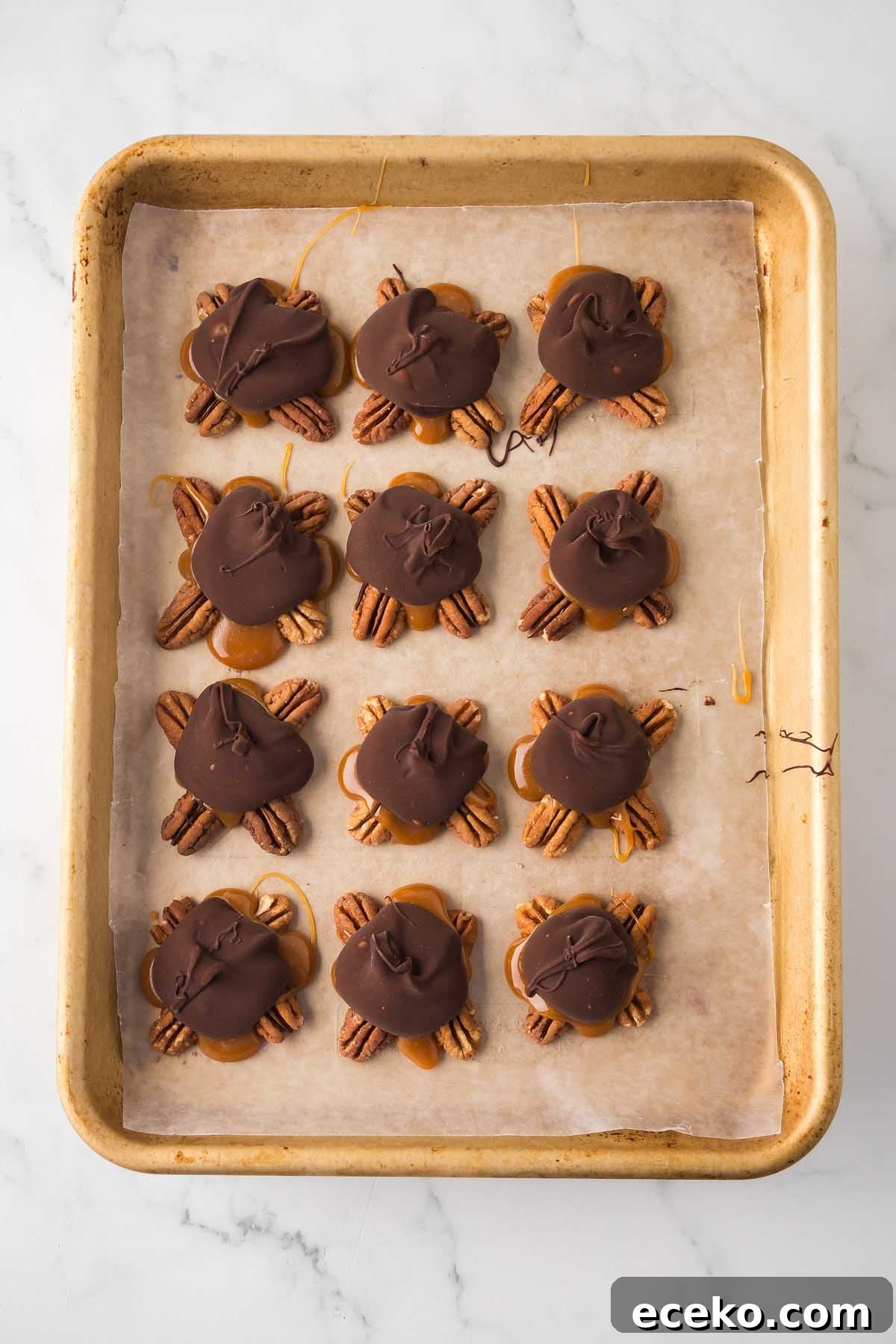 How to Make Classic Homemade Turtle Candies at Home 17 A tray of twelve homemade turtle candies made with pecans, caramel, and chocolate, all neatly arranged on parchment paper.