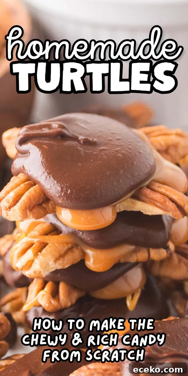 How to Make Classic Homemade Turtle Candies at Home 18 Close-up of homemade turtle candies stacked, showcasing chocolate, caramel, and pecans.