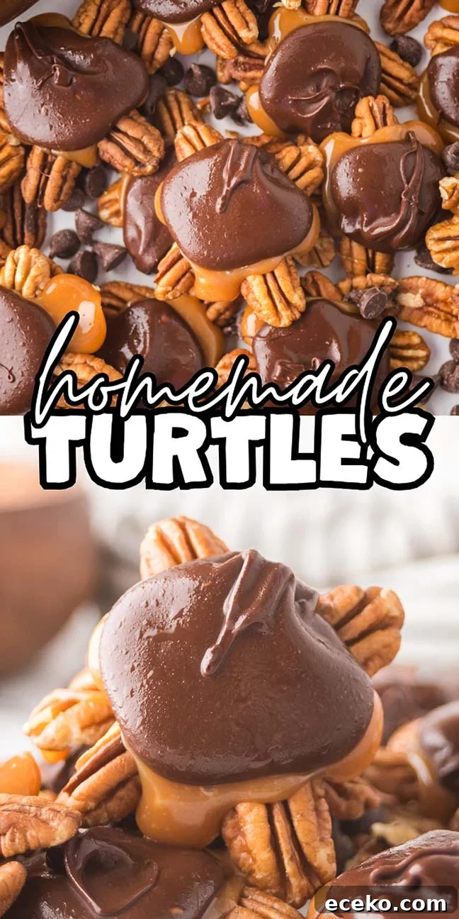 How to Make Classic Homemade Turtle Candies at Home 19 A close-up of homemade turtles: decadent chocolate creations with pecans and gooey caramel, topped with a layer of melted chocolate, all perfectly arranged on a baking sheet.