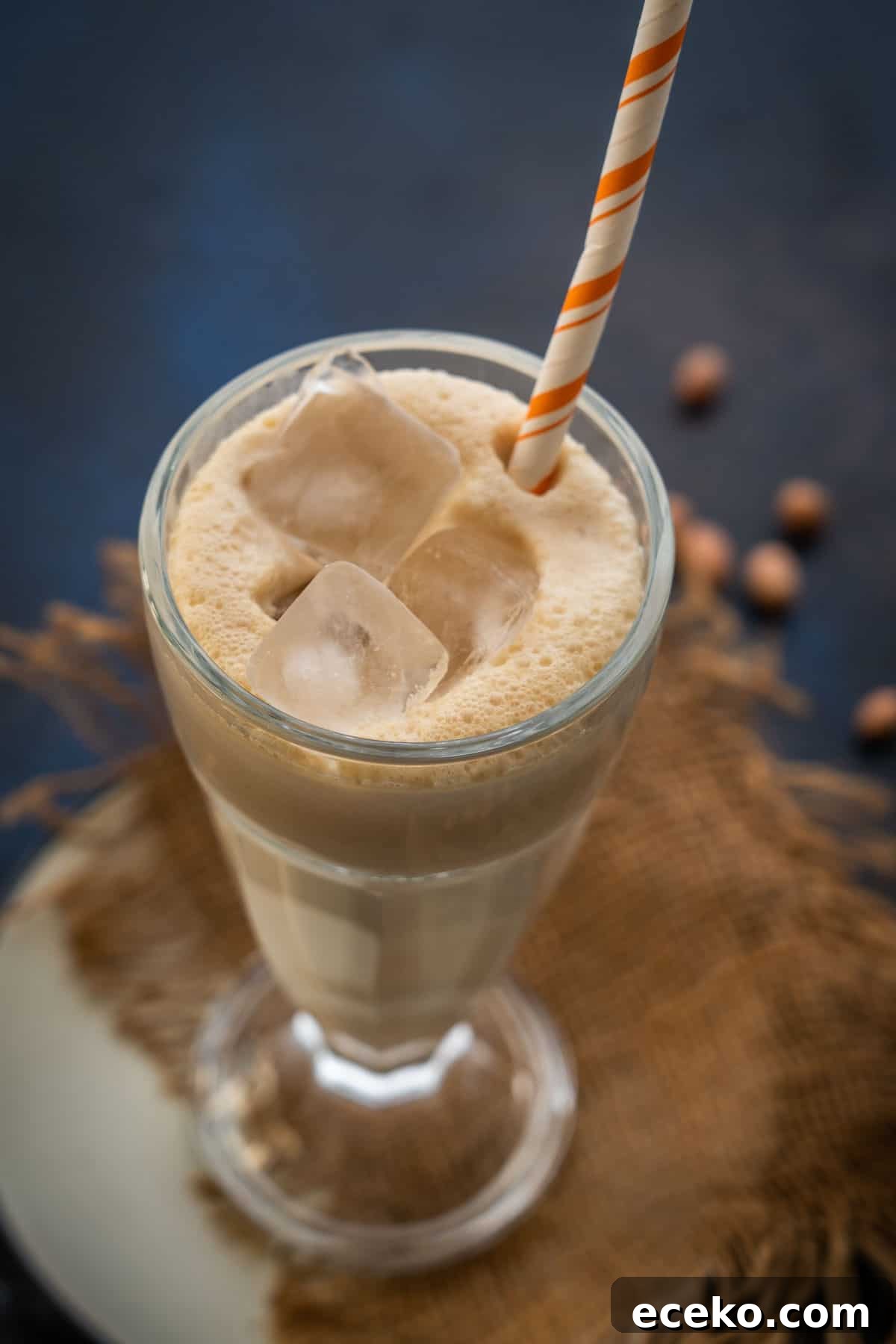 Peanut butter shake served in a glass.