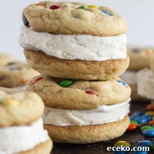 M&M Ice Cream Sandwich cookies, stacked on a tray.