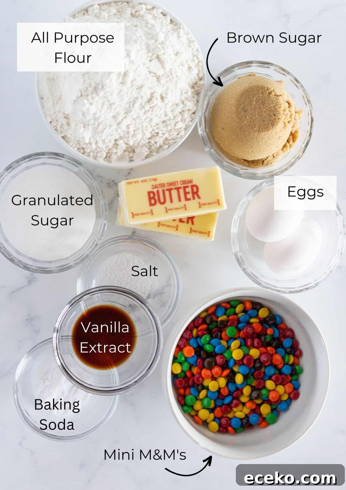 The ingredients need to make M&M cookies.