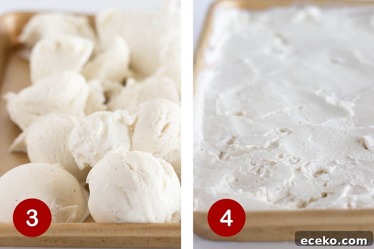 Steps 3 and 4 of making ice cream sandwiches. 3, scoop softened ice cream onto baking sheet.  4, spread into an even layer and freeze.