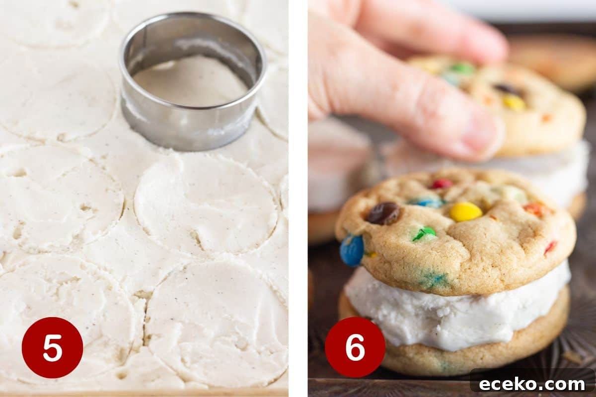 Steps 5 and 6 of making m&m ice cream sandwiches. 5, cut out ice cream rounds. 6, assemble cookies.