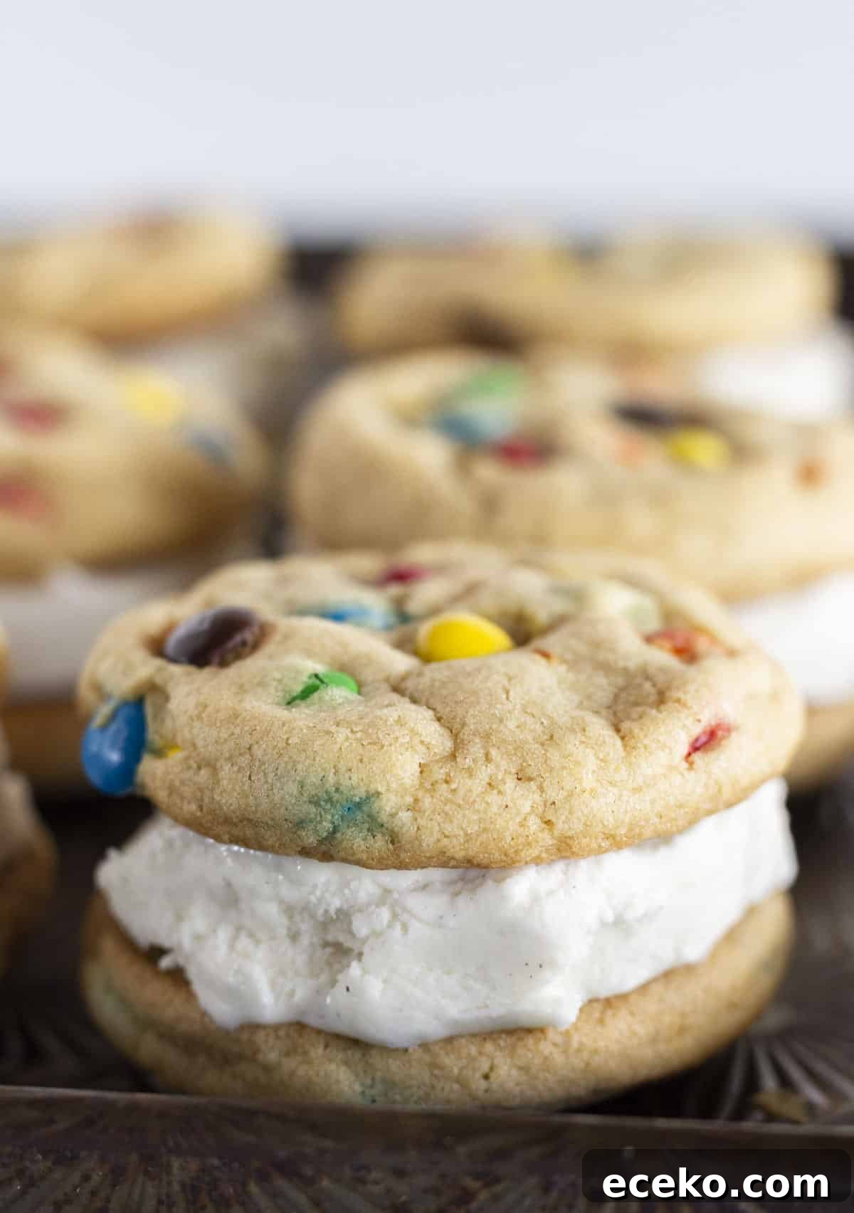 A tray full of assembled ice cream sandwich cookies.