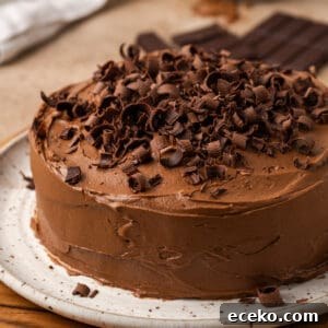 A 6 inch chocolate cake topped with chocolate frosting and chocolate shavings.
