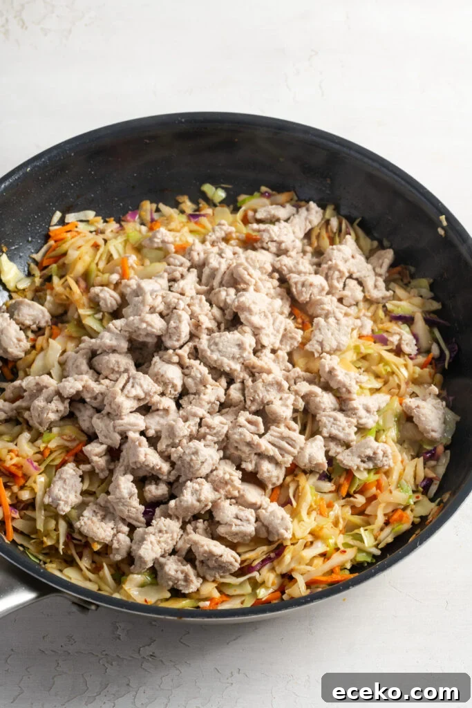 cooked ground turkey added back to the skillet with the cabbage mixture.