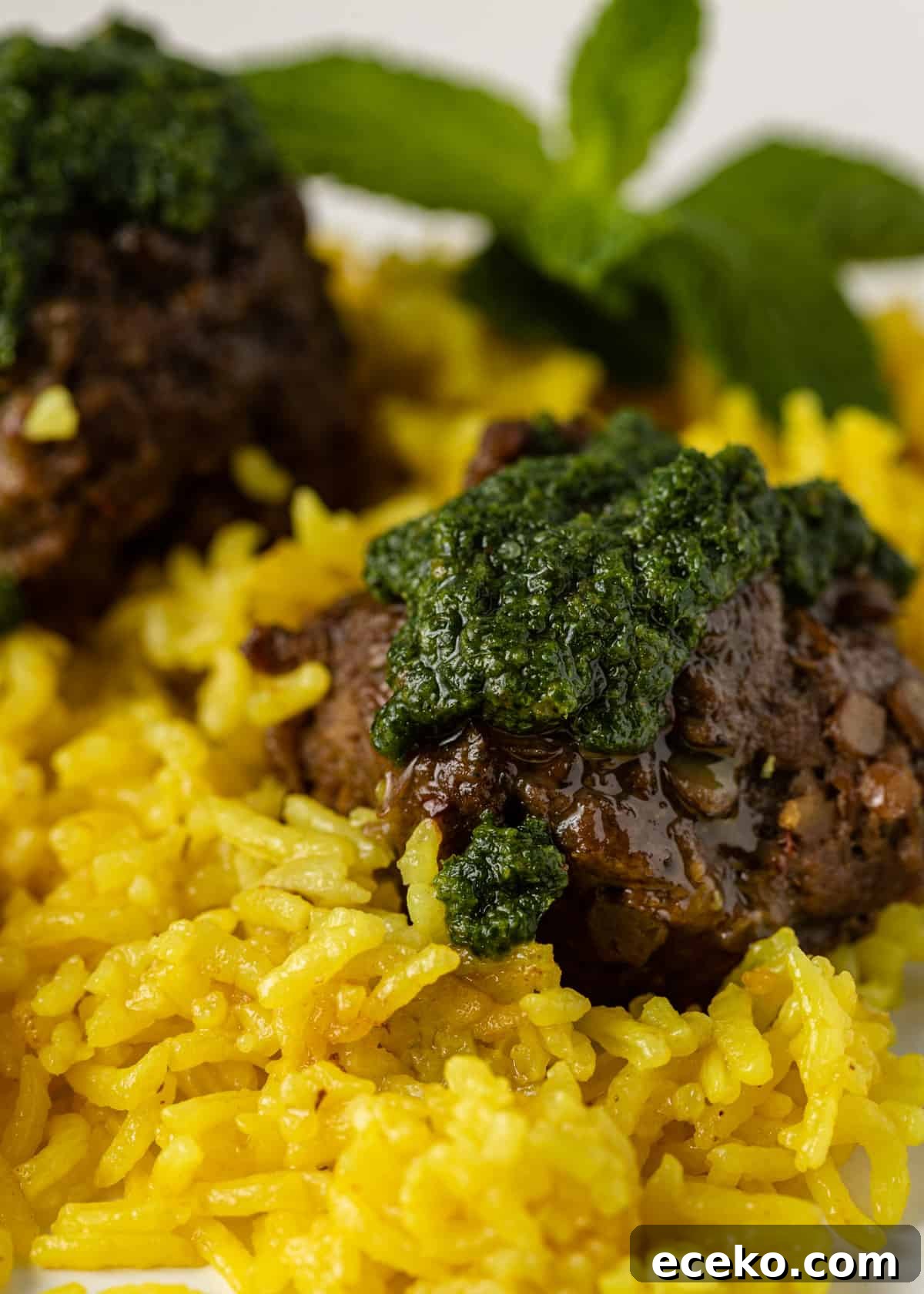 Savory Lamb and Lentil Meatballs with Zesty Lemon Rice 12 extreme closeup side view: lamb and lentil meatballs over lemon rice with mint pesto