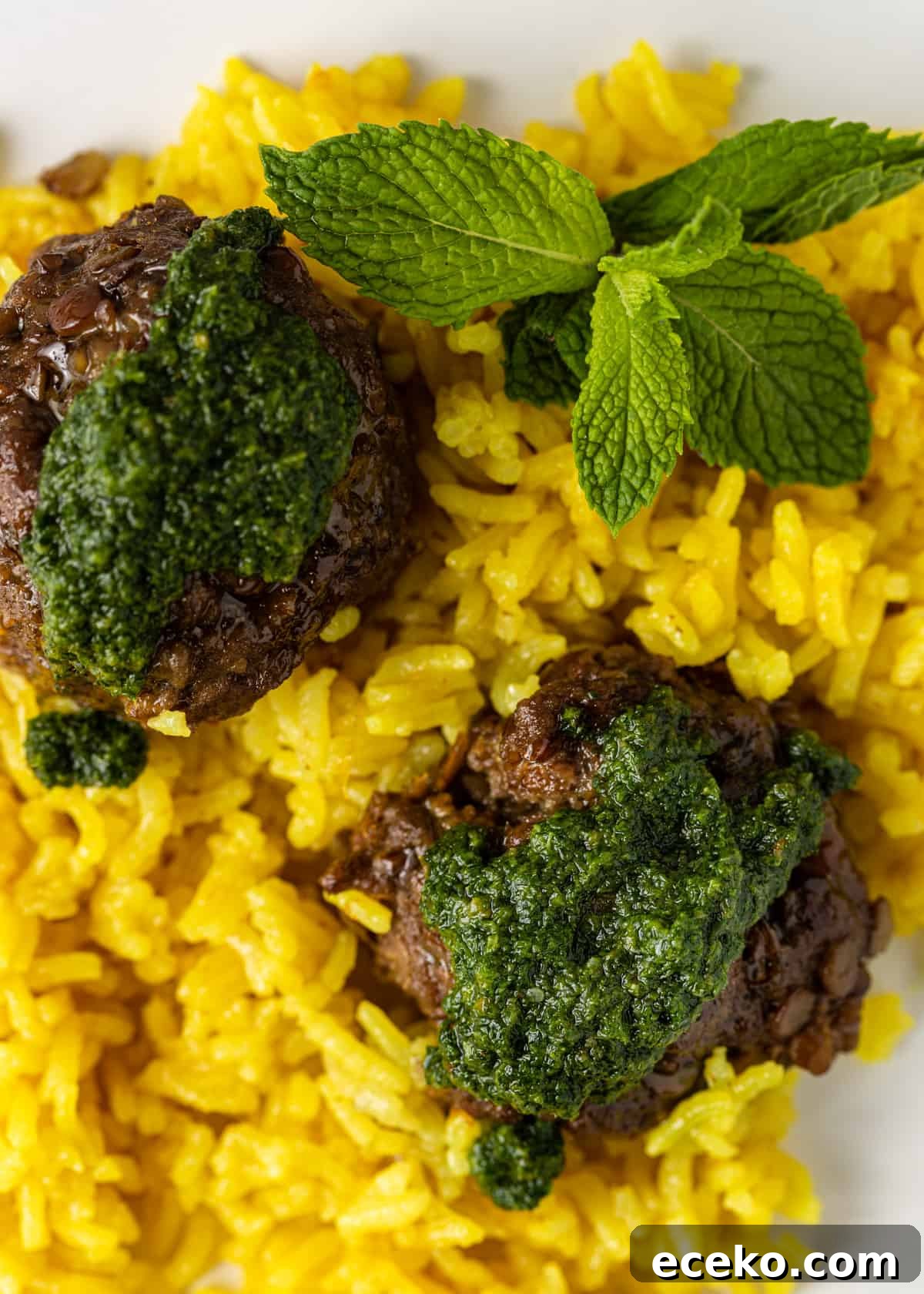 Savory Lamb and Lentil Meatballs with Zesty Lemon Rice 3 closeup side view: lentil meatballs over lemon rice with mint pesto and fresh mint