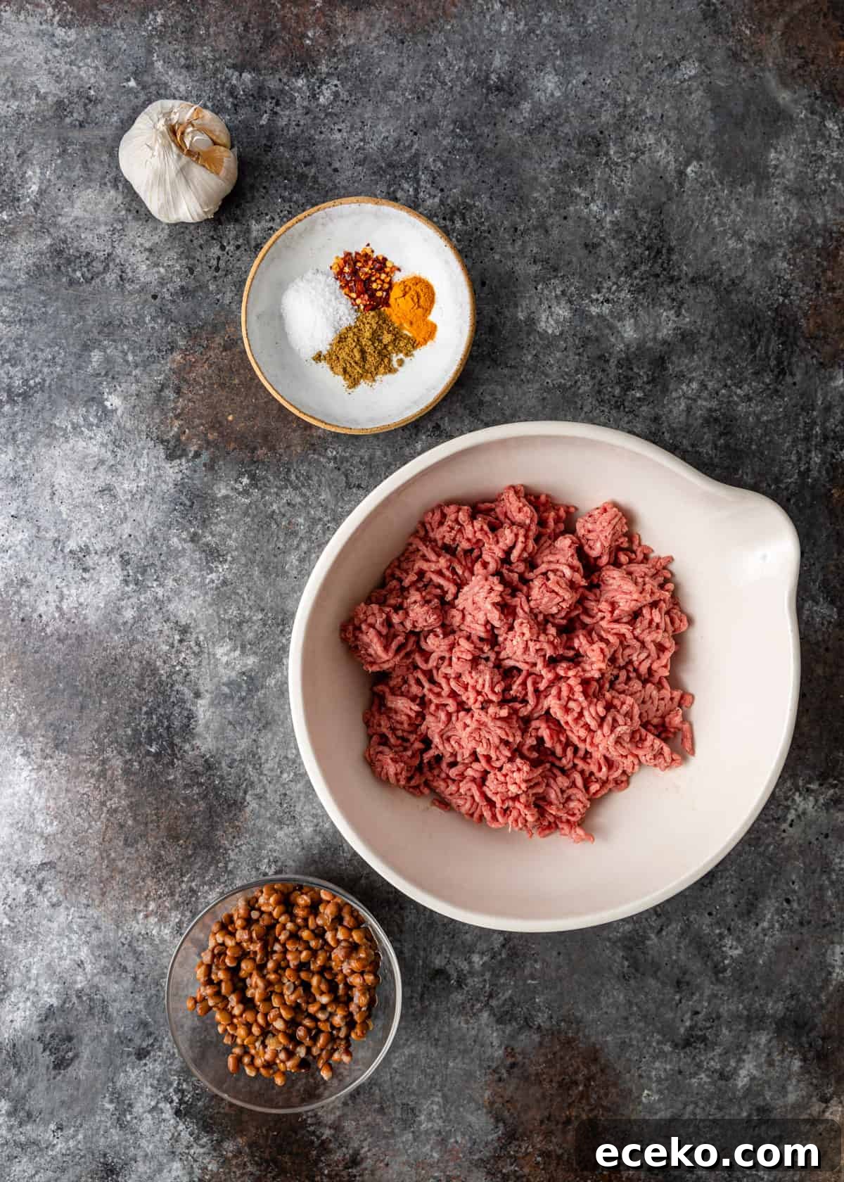 Savory Lamb and Lentil Meatballs with Zesty Lemon Rice 4 overhead process shot: titled image and shown meatball ingredients