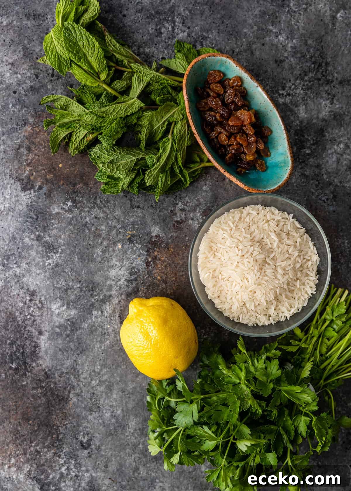 Savory Lamb and Lentil Meatballs with Zesty Lemon Rice 5 overhead process shot: titled image and shown mint pesto and rice ingredients