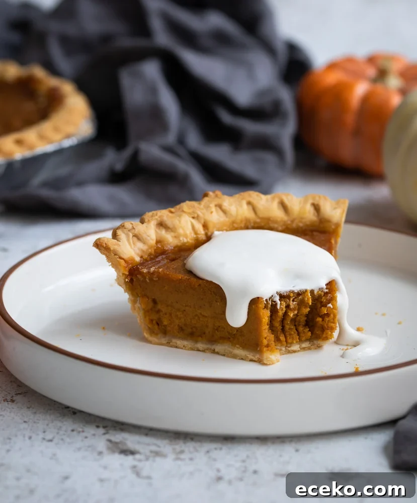 A photo of homemade Pumpkin Pie on a white plate