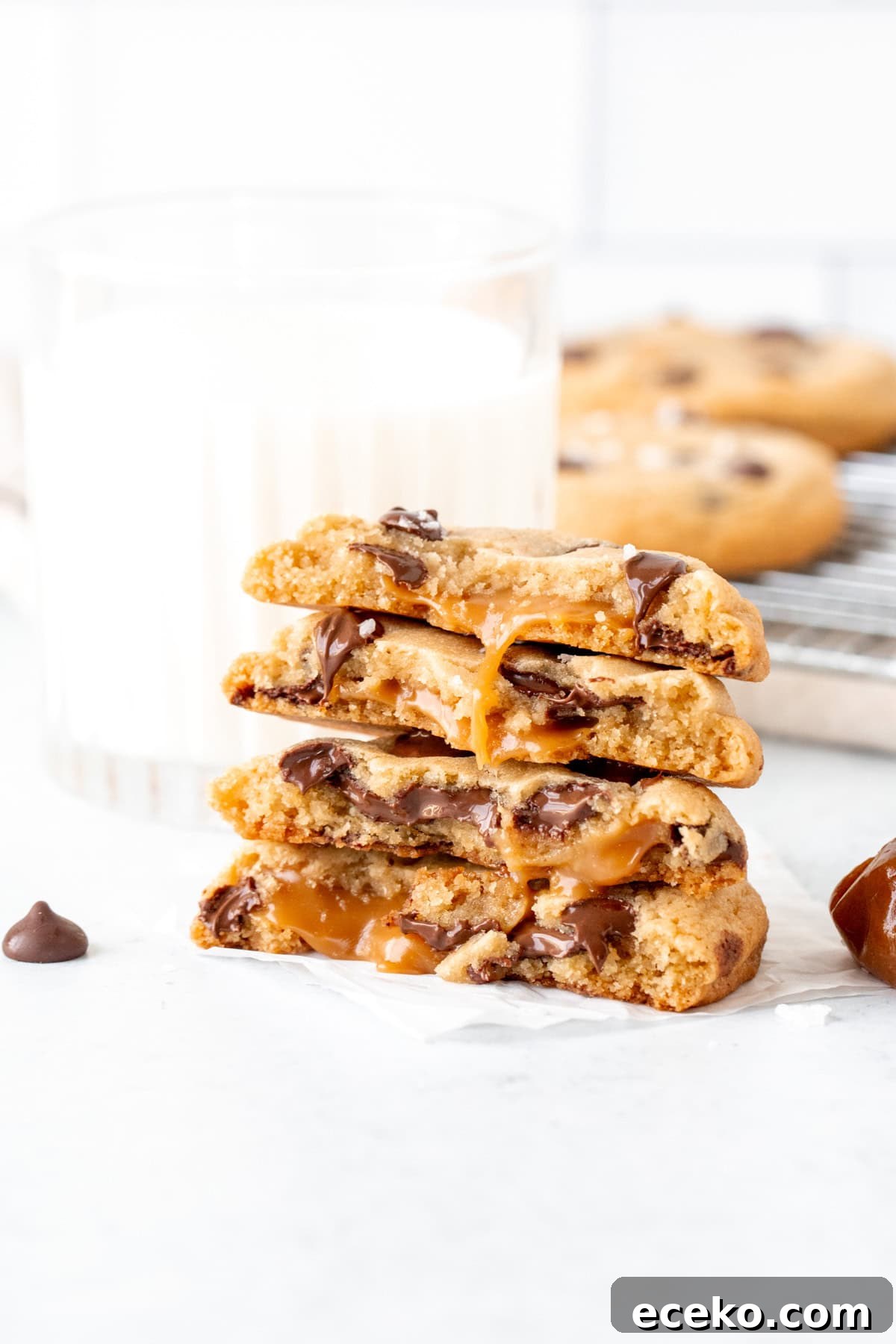 Chewy Caramel and Chocolate Chip Cookies Recipe 2 Stack of caramel chocolate chip cookies broken in half