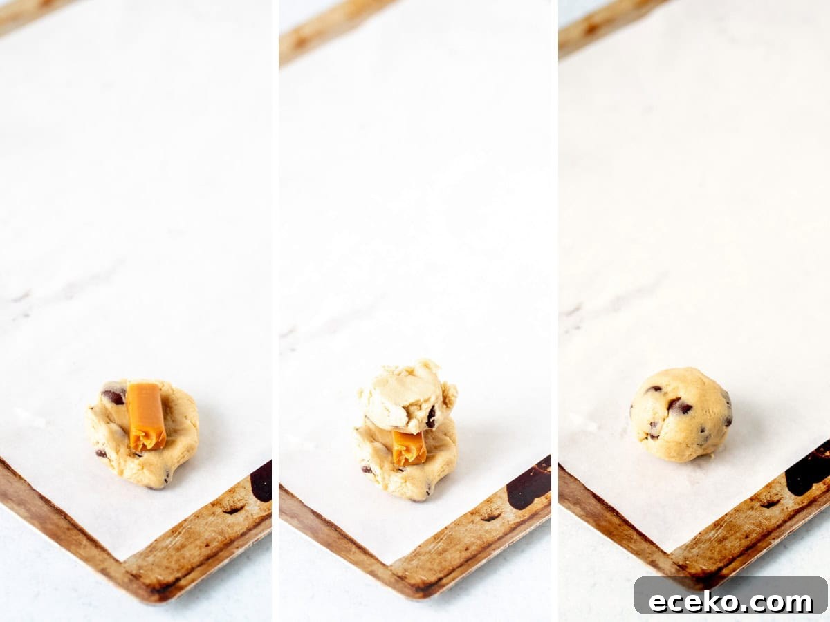 Chewy Caramel and Chocolate Chip Cookies Recipe 5 Process of making a caramel stuffed chocolate chip cookie dough ball
