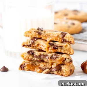 Chewy Caramel and Chocolate Chip Cookies Recipe 7 Stack of caramel chocolate chip cookies broken in half