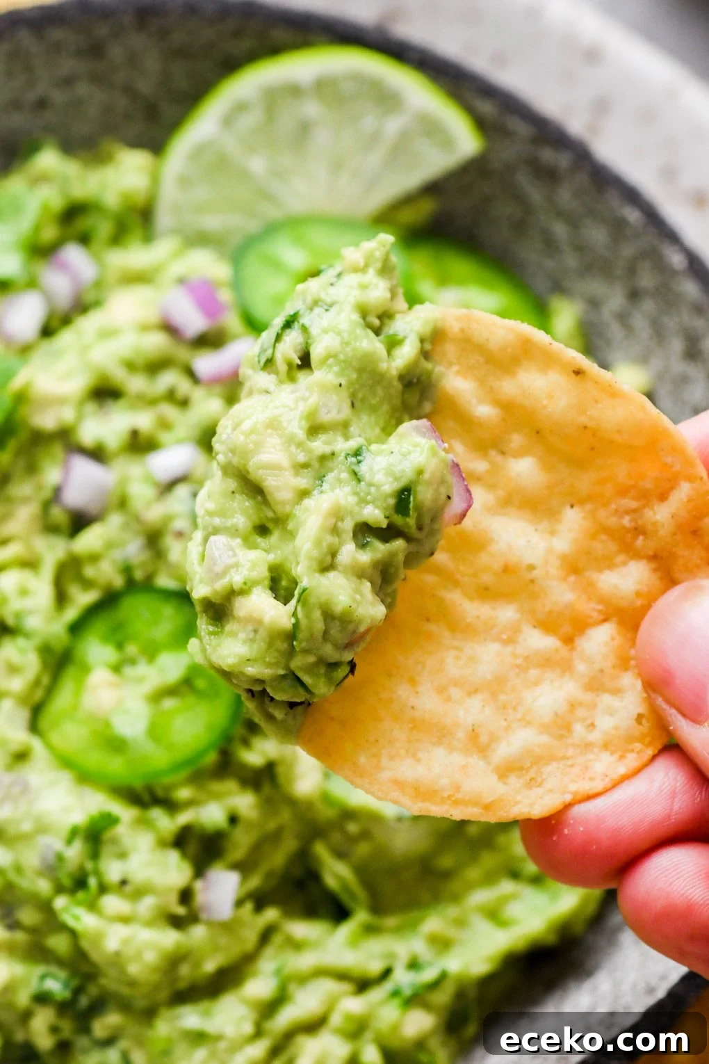 Close up shot of a hand holding a round yellow tortilla chip with guacamole on the chip - over a bowl of more guacamole.