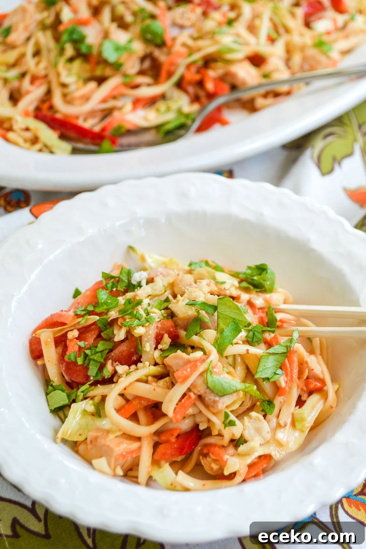 white bowl with peanut noodles 