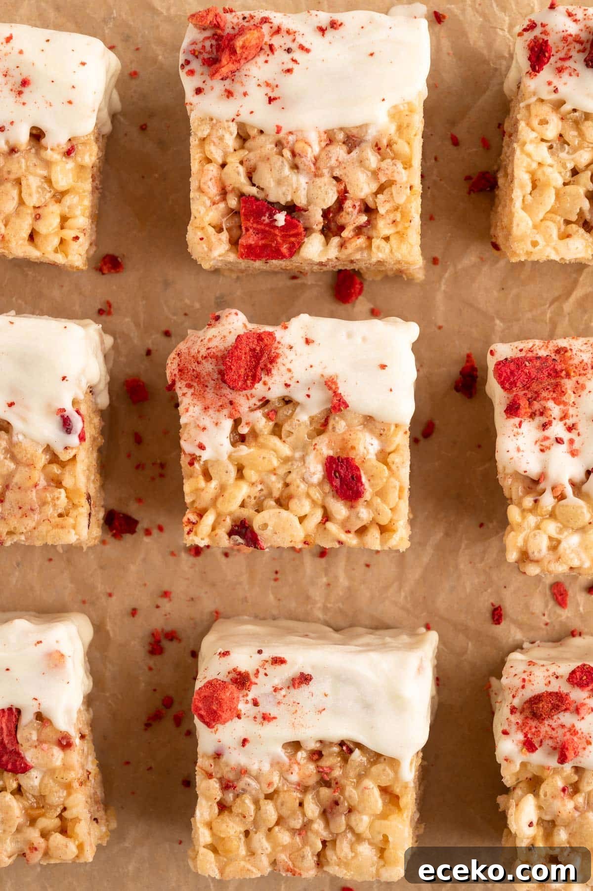Strawberry Rice Krispie Treats Recipe for Fresh, Fruity Squares 2 white chocolate dipped strawberry rice krispie treats on parchment
