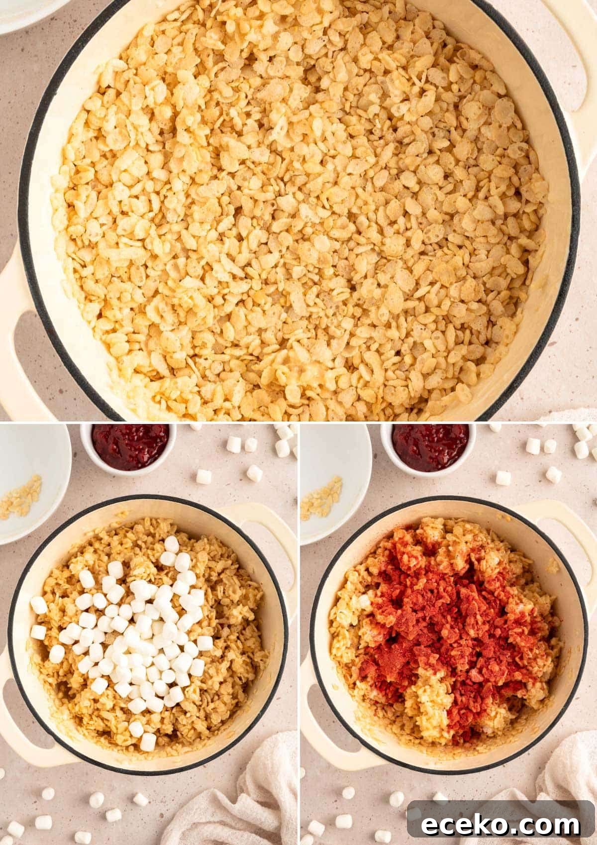 Strawberry Rice Krispie Treats Recipe for Fresh, Fruity Squares 6 collage of three photos showing strawberry rice krispies treats being made in a white enameled cast iron dutch oven. Top - cereal added to the melted marshmallow mixture. Bottom left - additional miniature marshmallows added to the cereal. Bottom Right - crushed freeze dried strawberries added to the mixture.