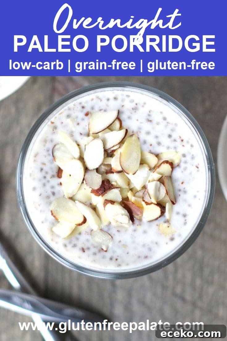 Pinterest pin collage of overnight Paleo Porridge in a glass bowl with sliced almonds, with writing at the top
