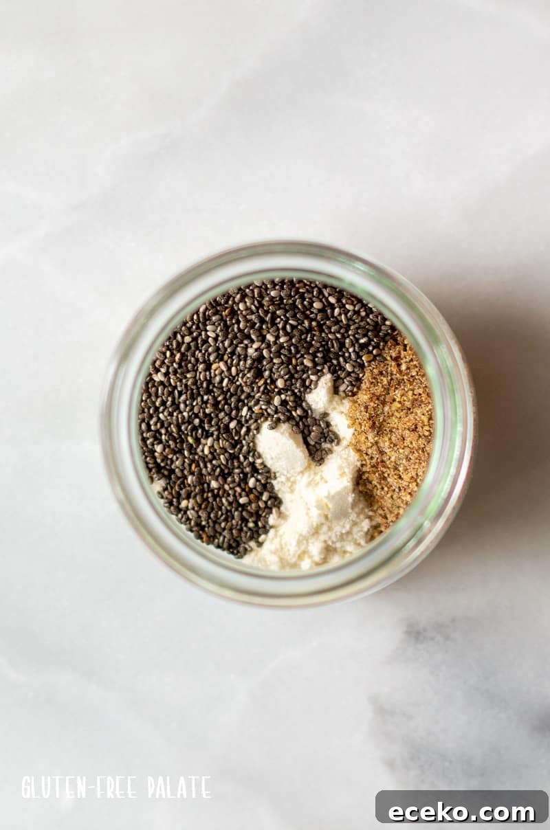 top down view of a jar with coconut flour, flaxseed and chia seeds