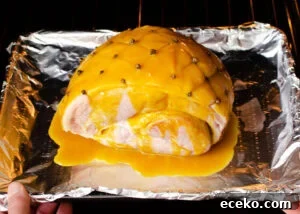 Honey-Glazed Roast Gammon Joint Recipe 10 Glazed ham joint on a baking tray lined with tin foil being placed into the oven by hands