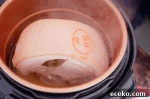 Honey-Glazed Roast Gammon Joint Recipe 14 Gammon joint in a pressure cooker pot with a bay leaf on top