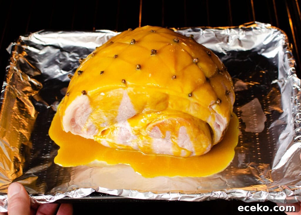 Honey-Glazed Roast Gammon Joint Recipe 24 Glazed ham joint on a baking tray lined with tin foil being placed into the oven by hands