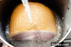 Honey-Glazed Roast Gammon Joint Recipe 4 Water being poured on top of a gammon joint in a silver pot