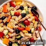 Creamy Chicken and Vegetable Pasta Salad Recipe 4 A large serving bowl of Chicken and Vegetable Pasta salad.