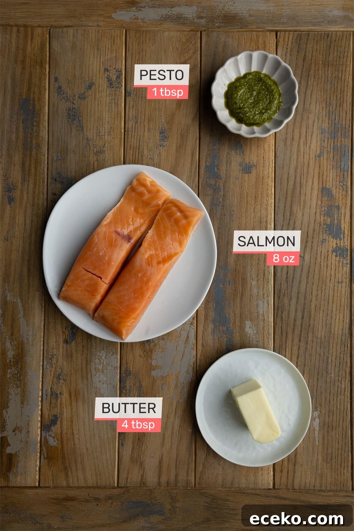 pesto butter salmon ingredients - pesto, unsalted butter, and salmon