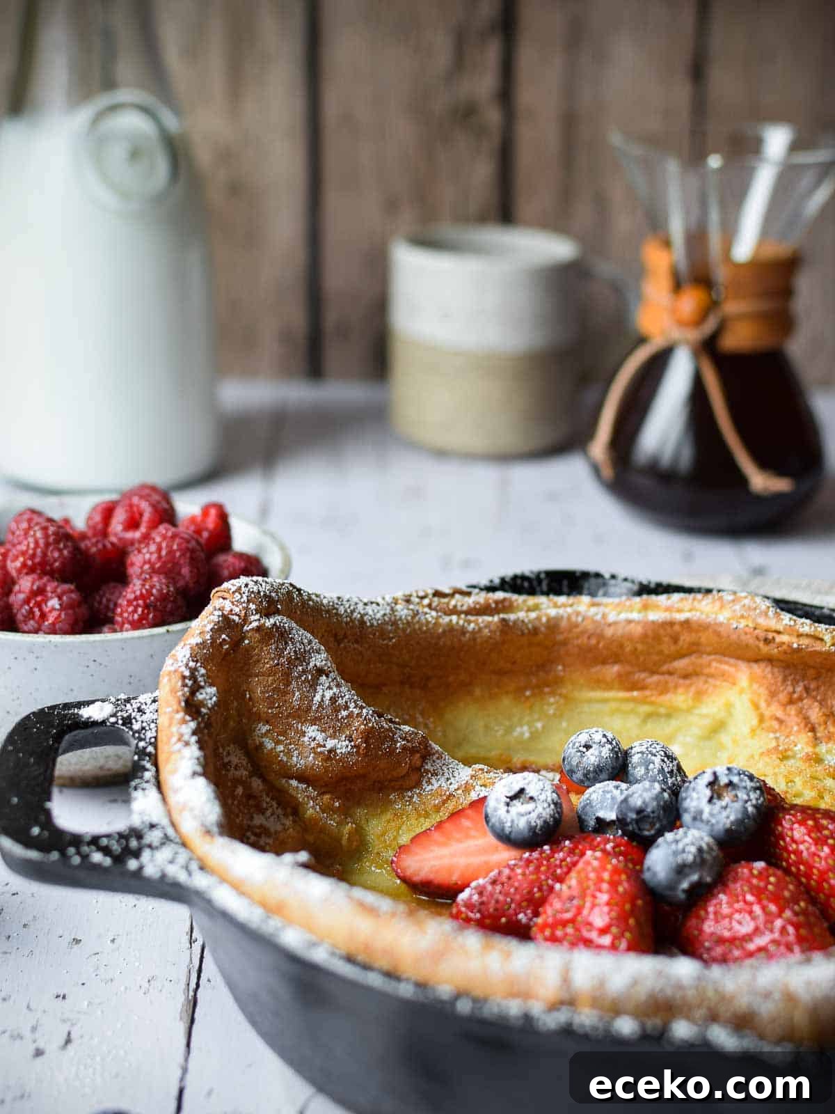 Vanilla Dutch Baby Pancake Recipe: Light Oven-Baked Treat 3 Eye-level view of a Dutch baby in a cast iron skillet with fruit and coffee in the background.