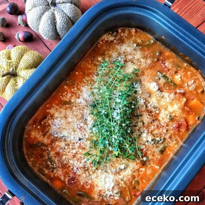 A slow cooker with a rich brownish soup broth and vegtables like carrots and beans