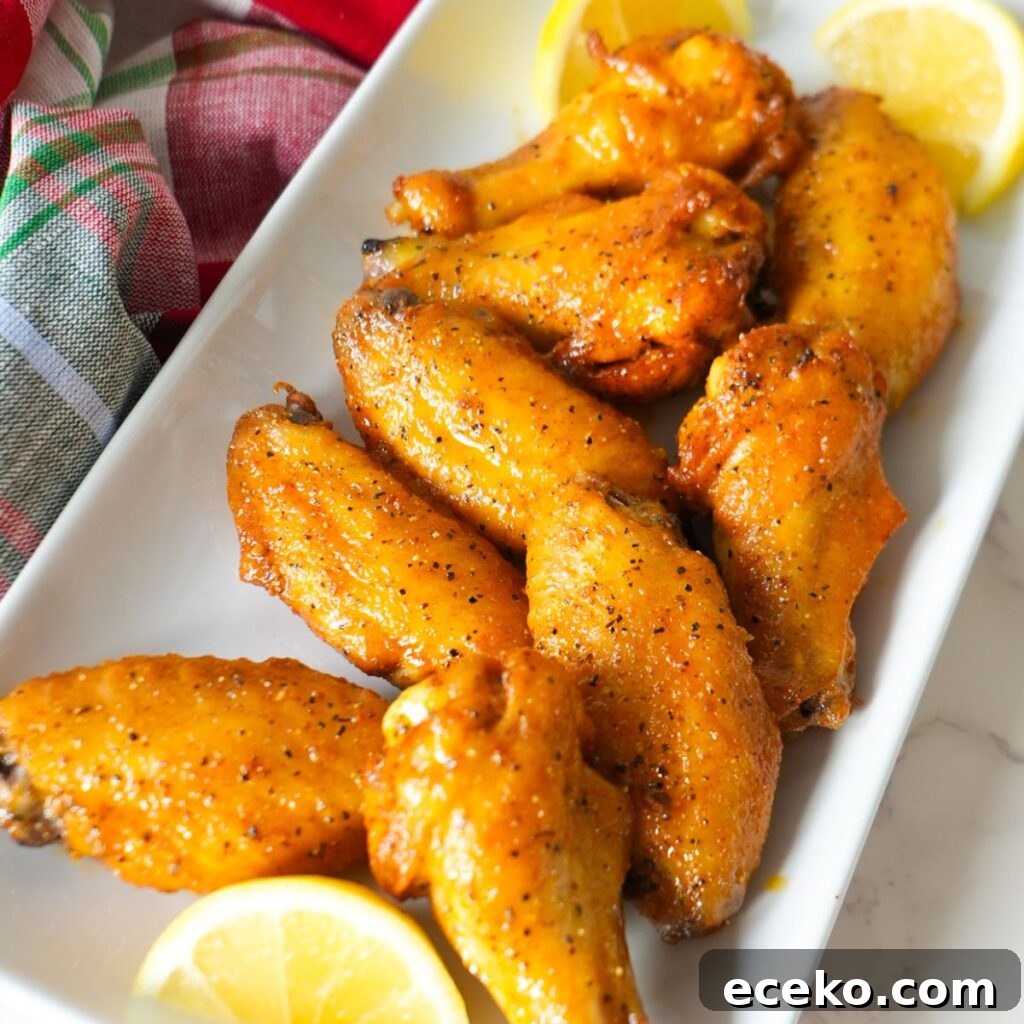 Oven-baked lemon pepper wings coated in a zesty buttery sauce, served with lemon slices.