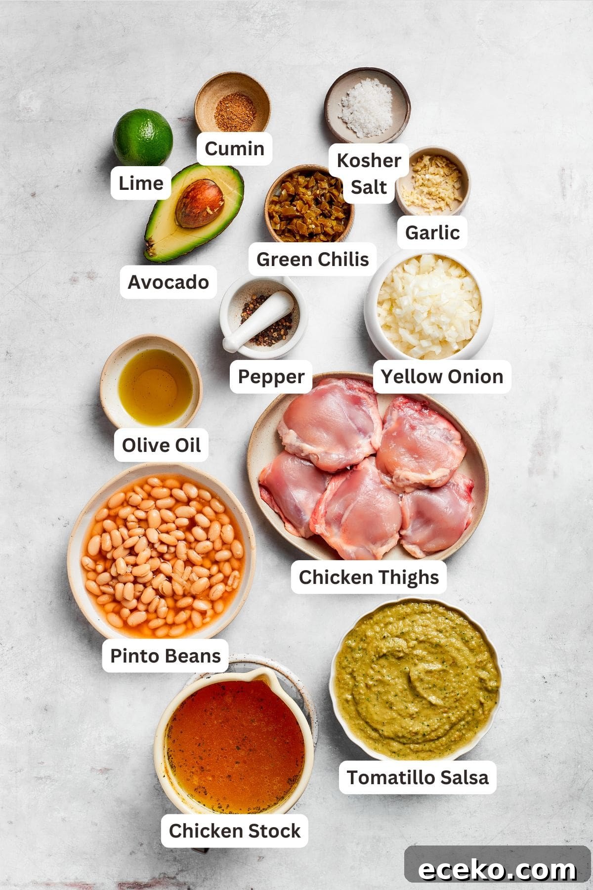 Tender chicken and pinto beans are cooked in a zesty broth made with salsa verde and green chilis to make spicy chicken soup. Ingredients for spicy chicken soup are text labeled.