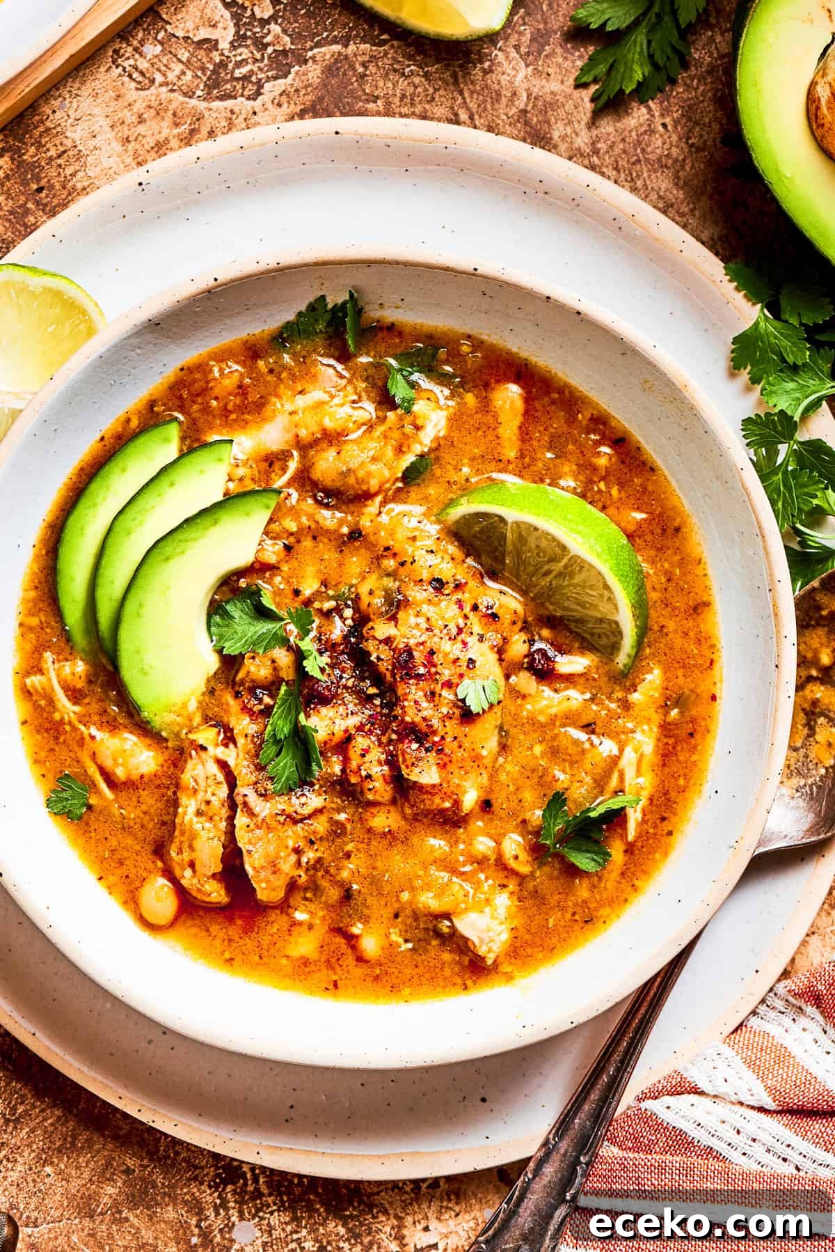 Tender chicken and pinto beans are cooked in a zesty broth made with salsa verde and green chilis to make spicy chicken soup. Spicy chicken soup in a bowl garnished with avocado slices and lemon wedges.