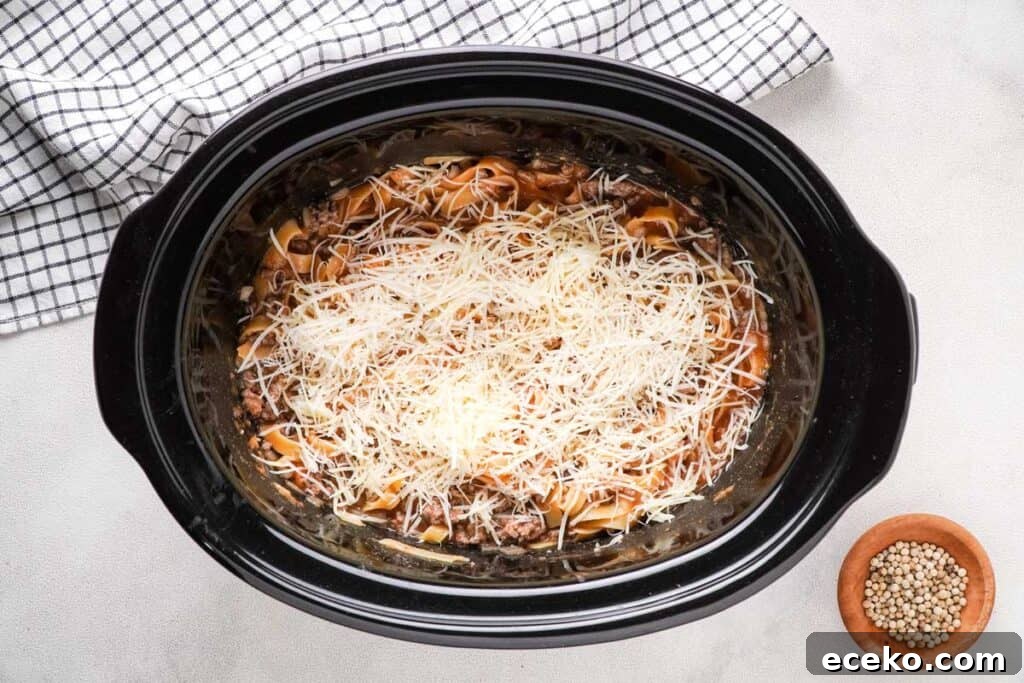 ground beef and noodles topped with cheese 